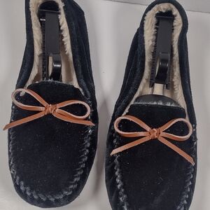 Secret Treasures Black Suede Moccasin Slippers with Brown Bow
